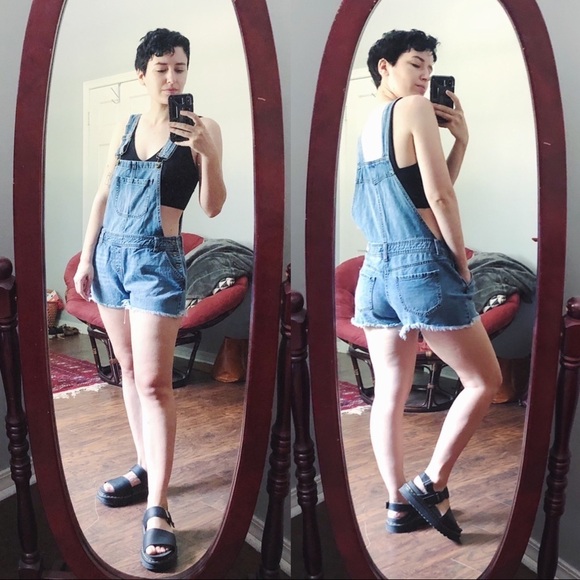True Craft • denim overall shorts shortalls cut offs raw frayed hem distressed - Picture 12 of 12